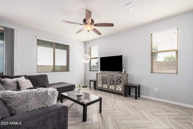 20261 W Desert Bloom St, Buckeye, AZ 85326 - living room featuring a ceiling fan, baseboards, and visible vents