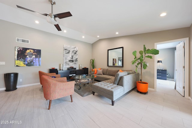 living area with recessed lighting, a ceiling fan, baseboards, and lofted ceiling