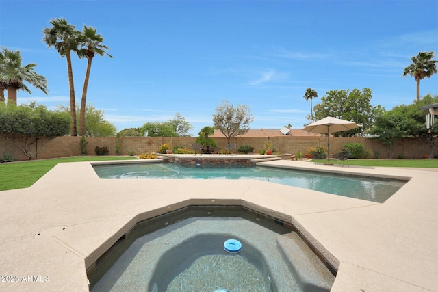 view of pool featuring an in-ground hot tub, a patio area, and a fenced backyard