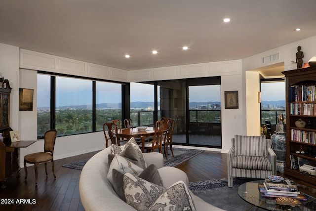 living room with a mountain view and dark hardwood / wood-style flooring