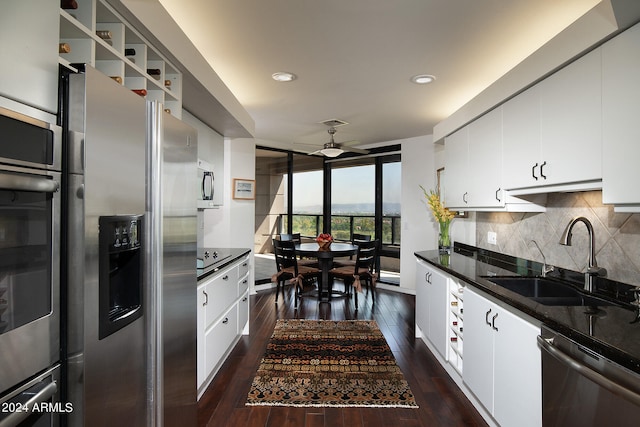 kitchen featuring ceiling fan, dark hardwood / wood-style flooring, sink, and appliances with stainless steel finishes