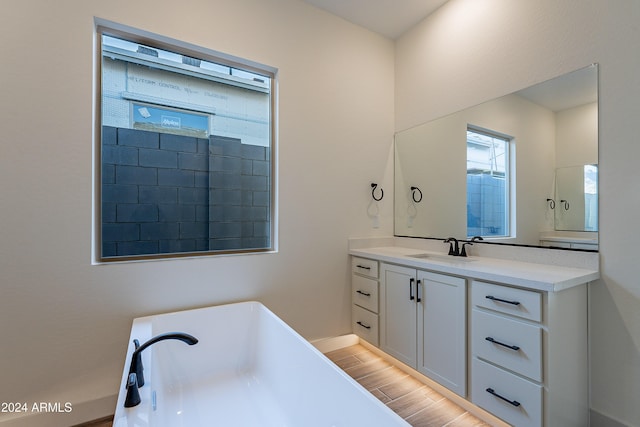 bathroom with a freestanding tub, wood finished floors, and vanity