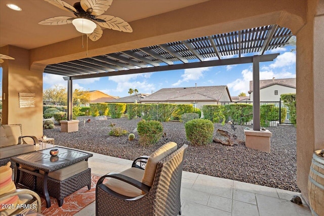 view of patio / terrace with outdoor lounge area, a pergola, and ceiling fan