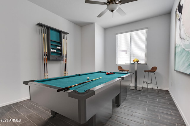 rec room featuring billiards, ceiling fan, and dark hardwood / wood-style floors