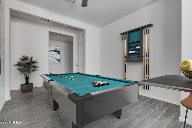 playroom featuring billiards, ceiling fan, and hardwood / wood-style flooring