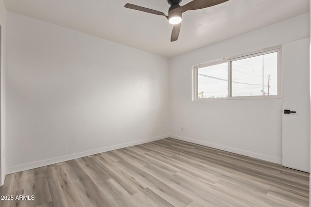 empty room with ceiling fan and light hardwood / wood-style flooring