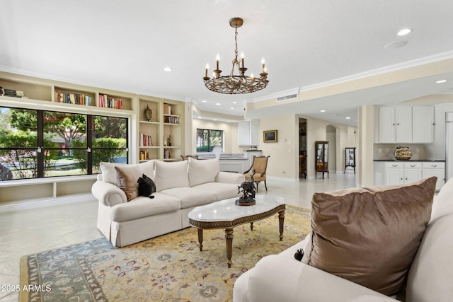 6467 E Sierra Vista Dr, Paradise Valley, AZ 85253 - living area with crown molding, a notable chandelier, recessed lighting, baseboards, and visible vents