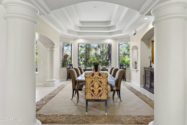 6467 E Sierra Vista Dr, Paradise Valley, AZ 85253 - dining area featuring crown molding, arched walkways, recessed lighting, ornate columns, and a tray ceiling