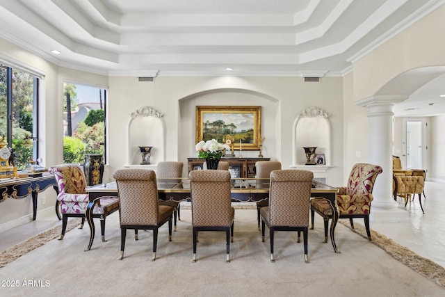 6467 E Sierra Vista Dr, Paradise Valley, AZ 85253 - dining area featuring crown molding, a tray ceiling, ornate columns, and visible vents