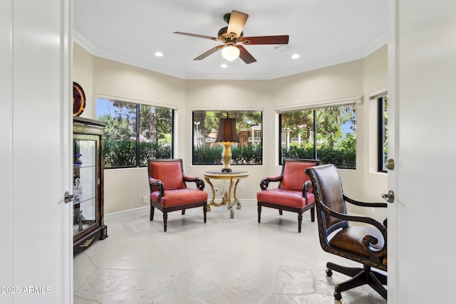 6467 E Sierra Vista Dr, Paradise Valley, AZ 85253 - sitting room with baseboards, a ceiling fan, crown molding, and recessed lighting