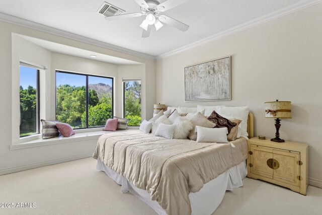 6467 E Sierra Vista Dr, Paradise Valley, AZ 85253 - bedroom featuring crown molding, a ceiling fan, visible vents, and carpet