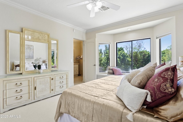 6467 E Sierra Vista Dr, Paradise Valley, AZ 85253 - bedroom featuring crown molding, ceiling fan, and visible vents