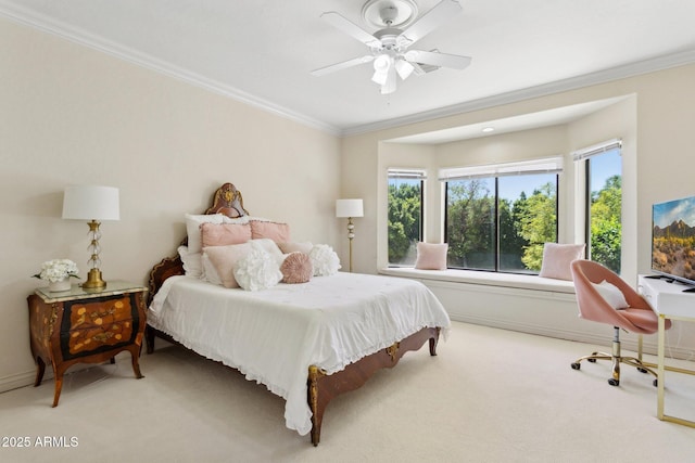 6467 E Sierra Vista Dr, Paradise Valley, AZ 85253 - carpeted bedroom with crown molding and a ceiling fan