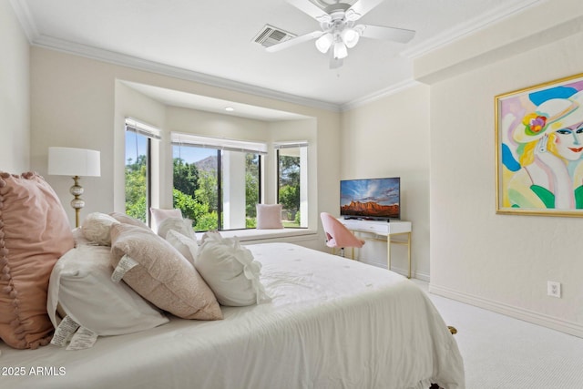 6467 E Sierra Vista Dr, Paradise Valley, AZ 85253 - carpeted bedroom featuring visible vents, ornamental molding, baseboards, and ceiling fan