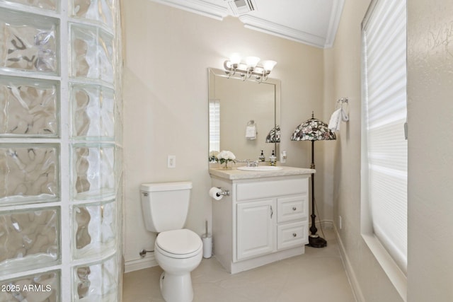 6467 E Sierra Vista Dr, Paradise Valley, AZ 85253 - bathroom with visible vents, tile patterned flooring, vanity, toilet, and ornamental molding