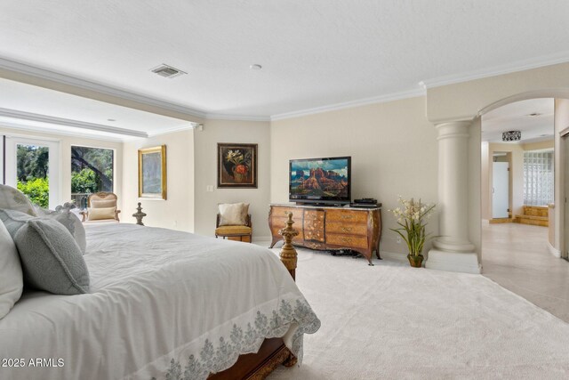 6467 E Sierra Vista Dr, Paradise Valley, AZ 85253 - bedroom with arched walkways, decorative columns, ornamental molding, and visible vents
