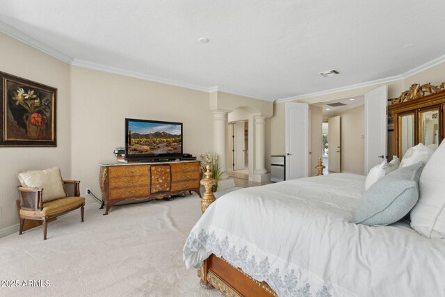 6467 E Sierra Vista Dr, Paradise Valley, AZ 85253 - bedroom with visible vents, ornamental molding, decorative columns, and baseboards