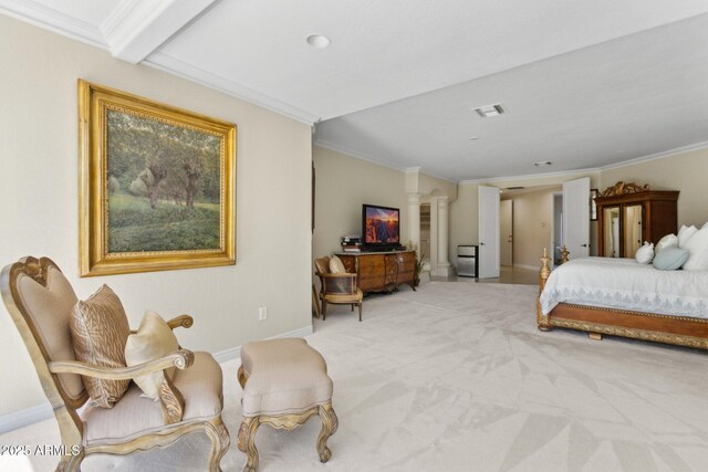 6467 E Sierra Vista Dr, Paradise Valley, AZ 85253 - bedroom with visible vents, baseboards, ornamental molding, carpet, and ornate columns