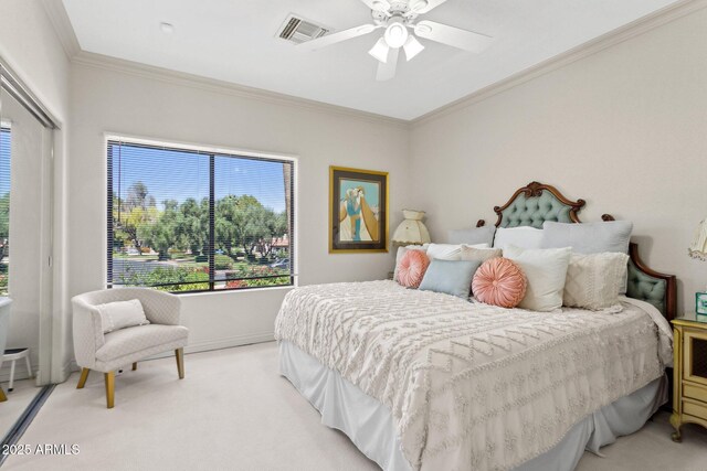 6467 E Sierra Vista Dr, Paradise Valley, AZ 85253 - bedroom featuring visible vents, a ceiling fan, crown molding, and light colored carpet