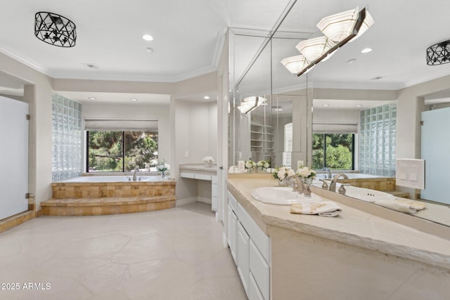 6467 E Sierra Vista Dr, Paradise Valley, AZ 85253 - bathroom featuring ornamental molding, a bath, and a wealth of natural light