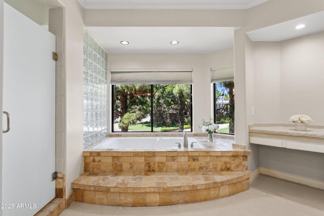 6467 E Sierra Vista Dr, Paradise Valley, AZ 85253 - bathroom featuring recessed lighting, baseboards, ornamental molding, and a garden tub
