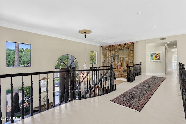 6467 E Sierra Vista Dr, Paradise Valley, AZ 85253 - corridor with crown molding, a wealth of natural light, visible vents, and an upstairs landing