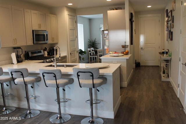 552 Allerton Way, Chino Valley, AZ 86323 - kitchen with appliances with stainless steel finishes, recessed lighting, a peninsula, dark wood-type flooring, and light countertops