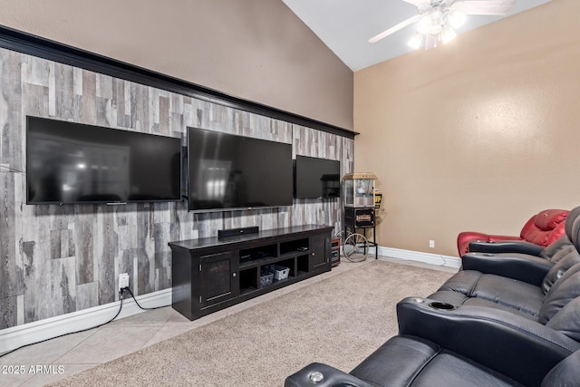 3203 E Ellis St, Mesa, AZ 85213 - tiled living room with ceiling fan, vaulted ceiling, and baseboards