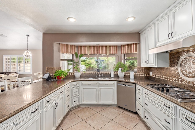 3203 E Ellis St, Mesa, AZ 85213 - kitchen featuring under cabinet range hood, white cabinets, tasteful backsplash, a sink, and appliances with stainless steel finishes