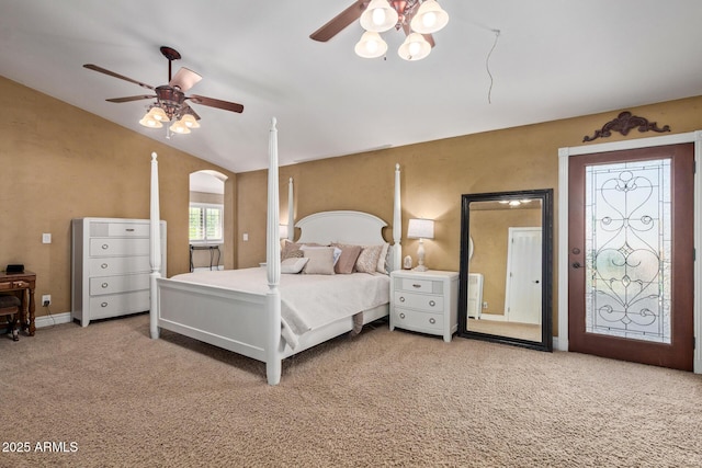 3203 E Ellis St, Mesa, AZ 85213 - bedroom with carpet flooring, ceiling fan, lofted ceiling, and arched walkways