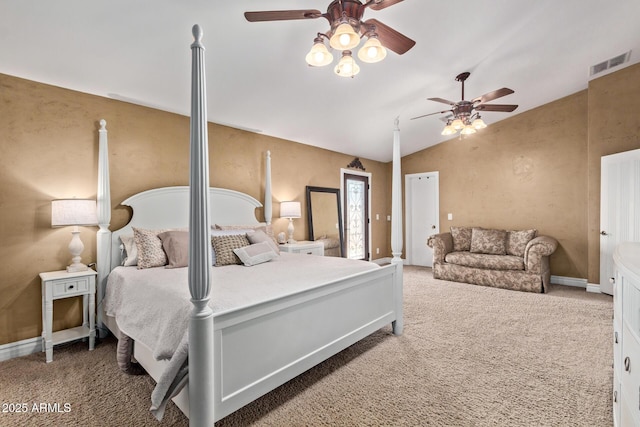3203 E Ellis St, Mesa, AZ 85213 - bedroom with ceiling fan, visible vents, carpet, and lofted ceiling