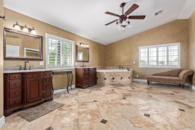 3203 E Ellis St, Mesa, AZ 85213 - full bath with visible vents, a ceiling fan, vaulted ceiling, and a healthy amount of sunlight