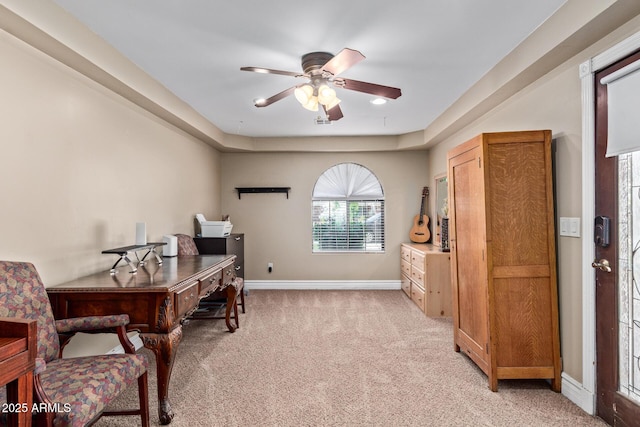3203 E Ellis St, Mesa, AZ 85213 - home office featuring baseboards, light carpet, a ceiling fan, and visible vents