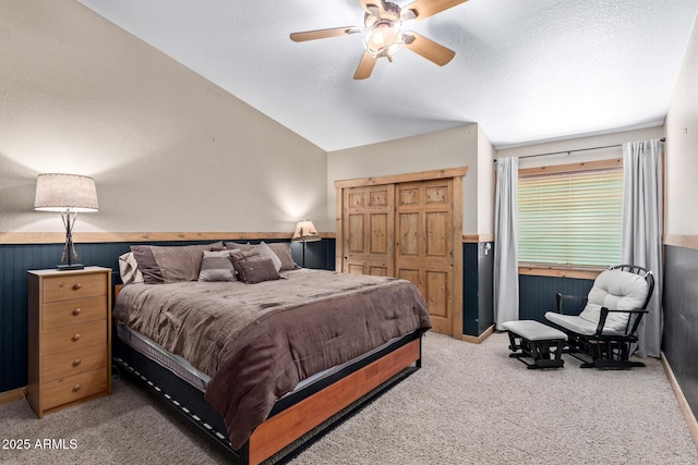 3203 E Ellis St, Mesa, AZ 85213 - bedroom featuring baseboards, a ceiling fan, lofted ceiling, and light carpet