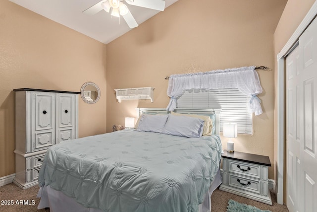 3203 E Ellis St, Mesa, AZ 85213 - bedroom featuring a closet, carpet floors, baseboards, ceiling fan, and vaulted ceiling