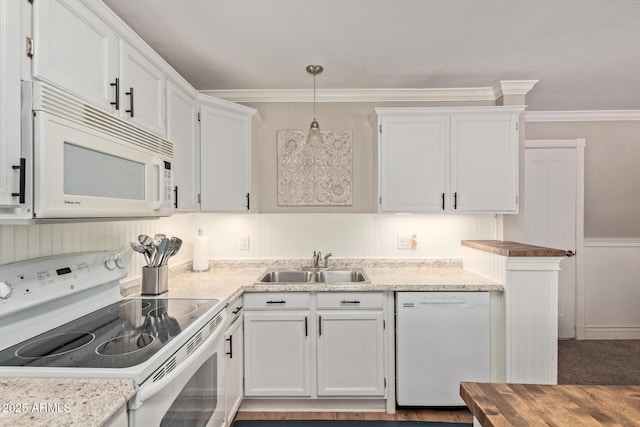 3203 E Ellis St, Mesa, AZ 85213 - kitchen featuring ornamental molding, white appliances, white cabinets, a sink, and hanging light fixtures