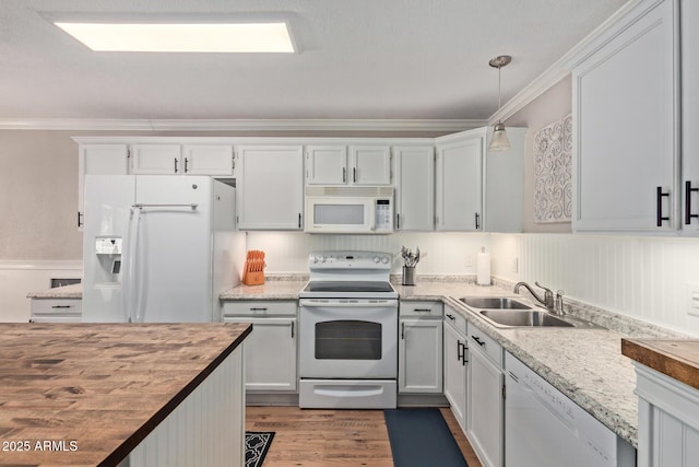 3203 E Ellis St, Mesa, AZ 85213 - kitchen featuring a sink, wooden counters, white appliances, and ornamental molding