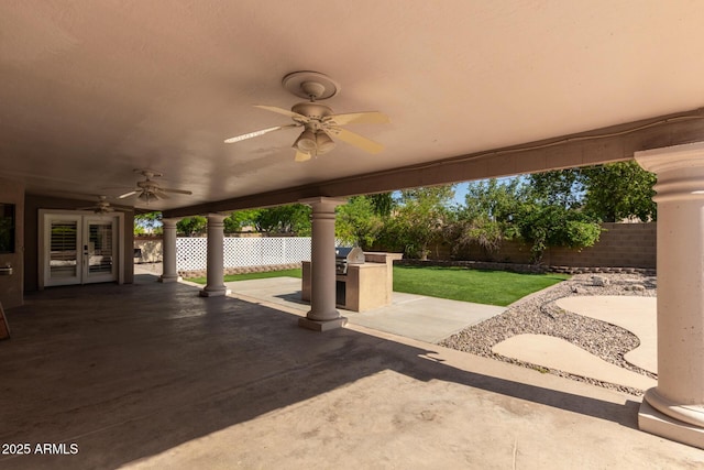3203 E Ellis St, Mesa, AZ 85213 - view of patio featuring french doors, a ceiling fan, and a fenced backyard