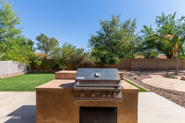 3203 E Ellis St, Mesa, AZ 85213 - view of patio with a fenced backyard, exterior kitchen, and a grill