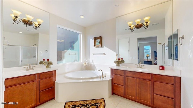 bathroom featuring vanity, tile patterned floors, and separate shower and tub