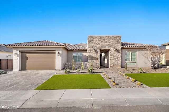 view of front facade featuring an attached garage, stone siding, a tiled roof, decorative driveway, and stucco siding