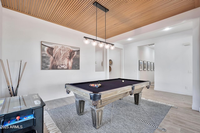 rec room with wooden ceiling, baseboards, wood finished floors, and pool table