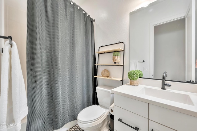 bathroom with toilet, shower / bath combo, and vanity