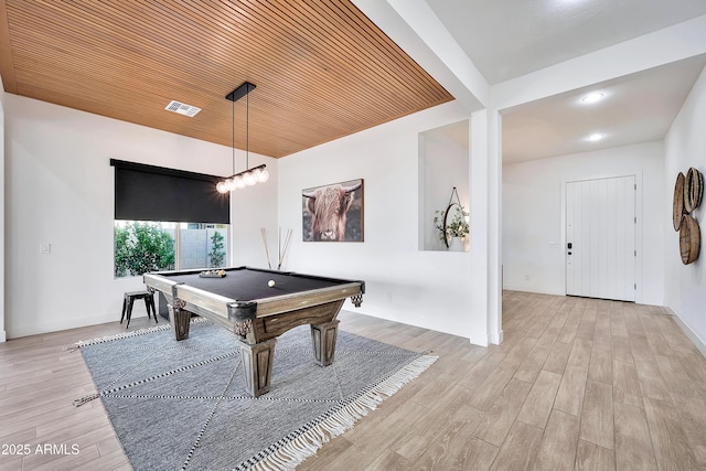 playroom featuring billiards, wood finished floors, visible vents, and baseboards