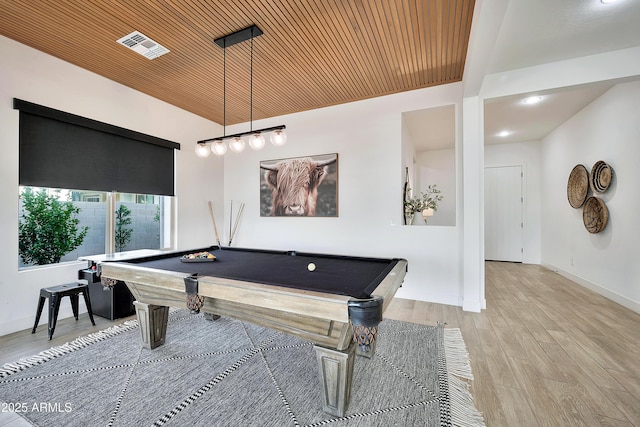 recreation room with wooden ceiling, baseboards, wood finished floors, and pool table