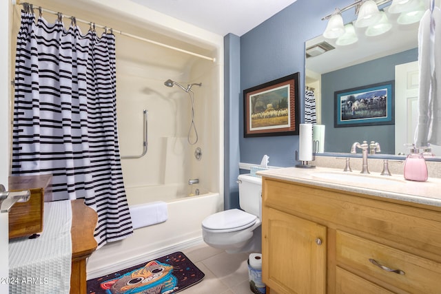 full bathroom featuring toilet, vanity, shower / bath combo, and tile patterned flooring