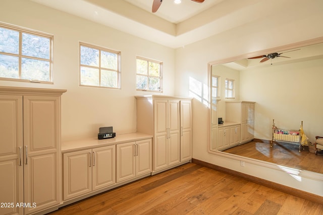 interior space featuring ceiling fan, a healthy amount of sunlight, a tray ceiling, and light hardwood / wood-style floors