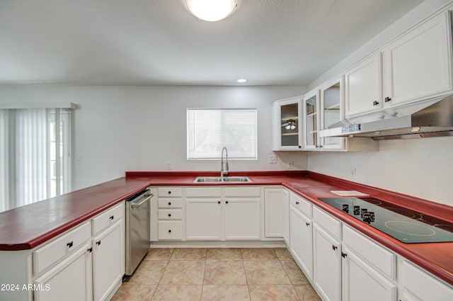 kitchen featuring kitchen peninsula, black electric stovetop, sink, dishwasher, and white cabinetry