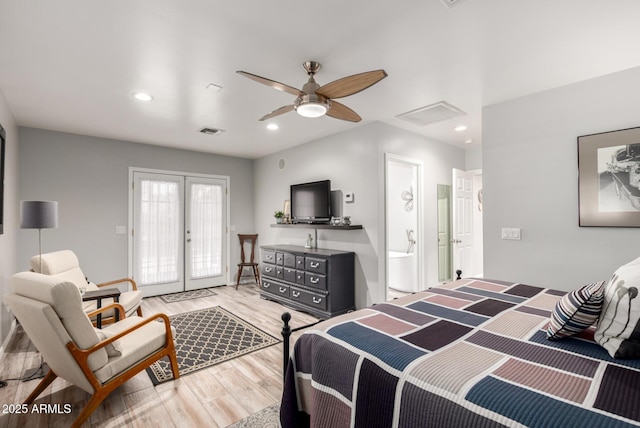 bedroom featuring access to outside, light wood-type flooring, french doors, a ceiling fan, and recessed lighting