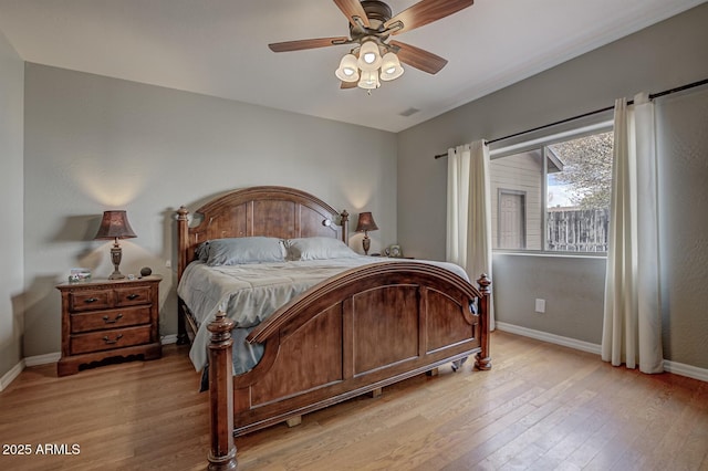 bedroom featuring ceiling fan and light wood-type flooring